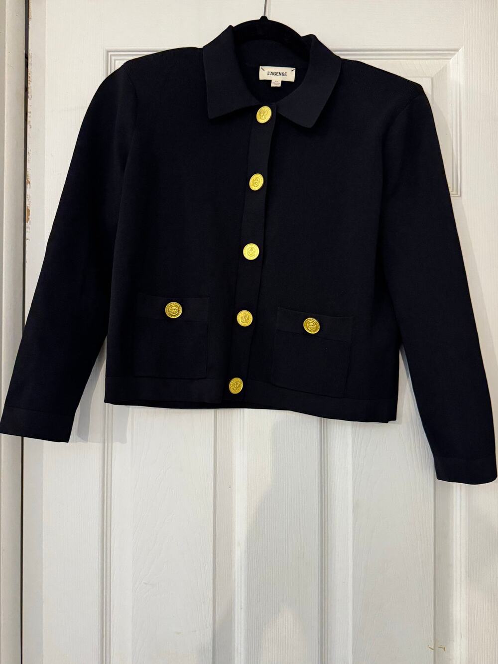 L'AGENCE Black Ribbed Knit Cropped Lady Jacket Gold Embossed Buttons Small S